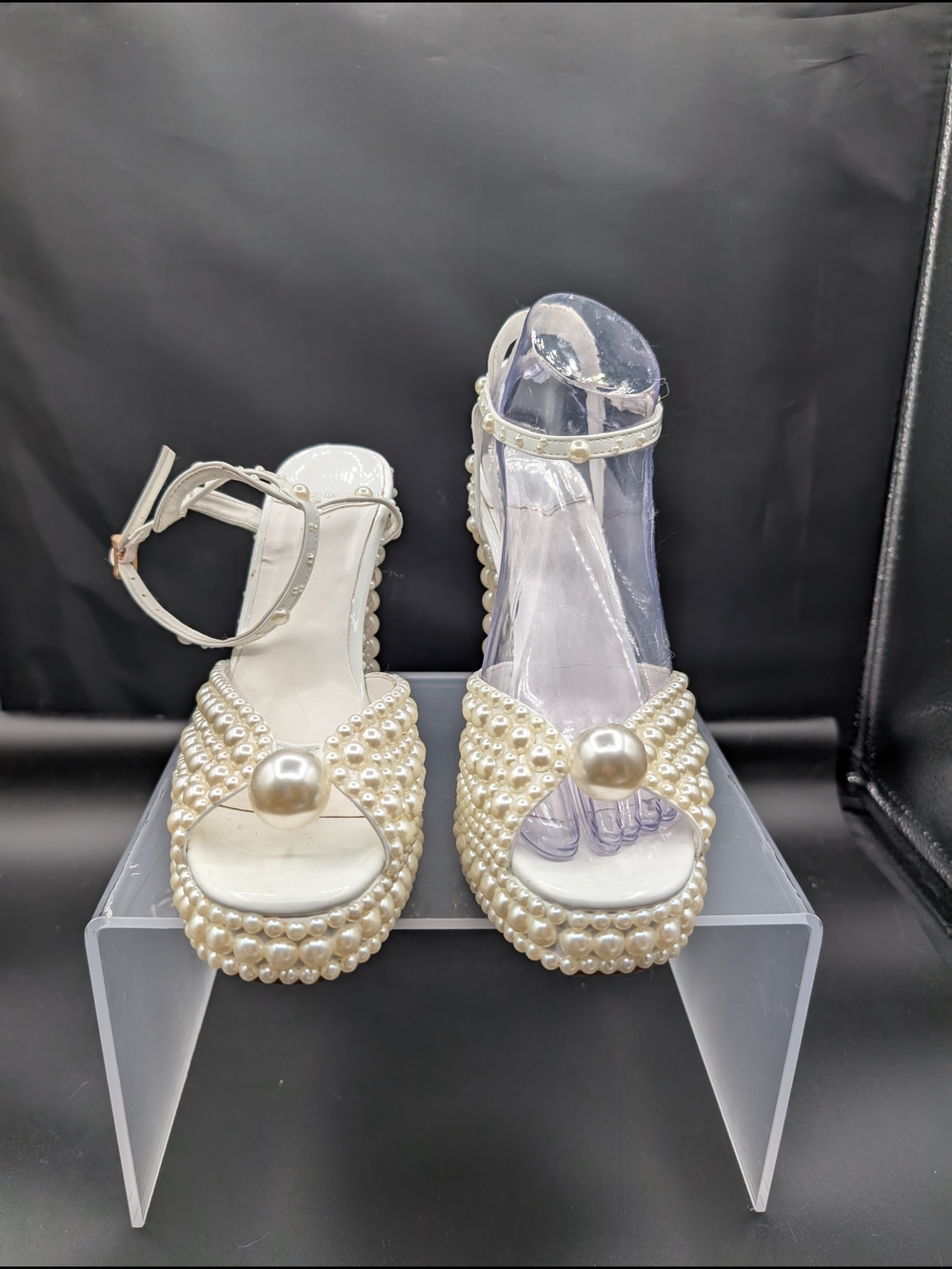 Ivory Pearl-Embellished Platform Heels with Ankle Strap - Picture 4 of 5